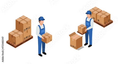 Isometric delivery workers handling packages for shipping and logistics
