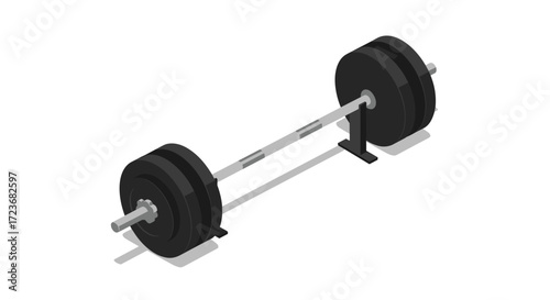 Isometric gym barbell with heavy weights on stand for fitness and training