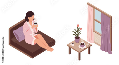 Relaxing morning moment in cozy isometric room with coffee and soft lighting
