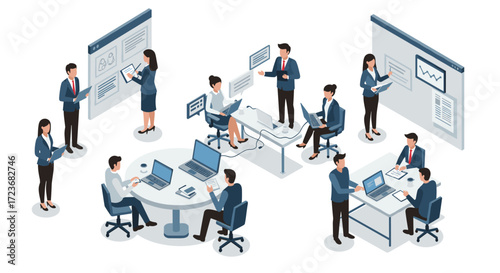 Isometric office meeting scene with business professionals collaborating in modern workspace