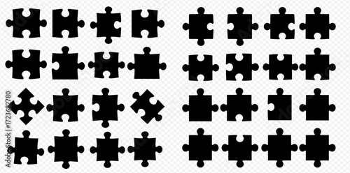 A collection of twenty-four black jigsaw puzzle pieces arranged in rows on a white background.