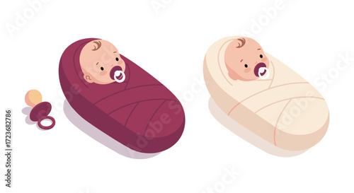 Cute cartoon wrapped babies with pacifiers and soothing neutral colors