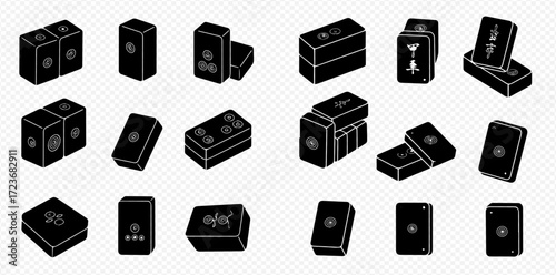 Collection of black mahjong tiles with various designs arranged on a transparent background.