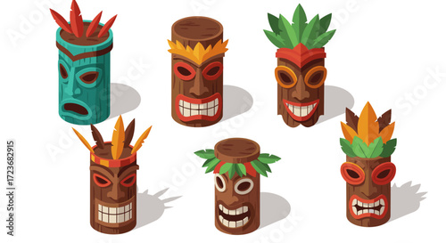 Colorful isometric tiki masks with leaf decorations and tribal patterns