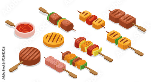 Isometric grilled skewers and bbq sauce collection on white background