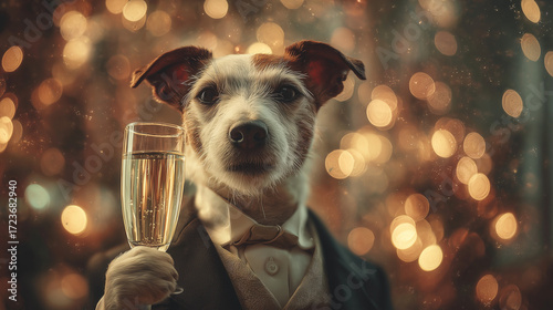 Jack Russell Terrier in a suit at a party with a glass of champagne. Generative AI. Happy New Year greetings from a dog. The wolf of Wall Street.