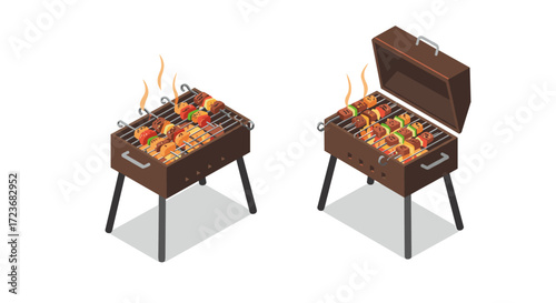 Isometric bbq grills with skewers and vegetables: outdoor cooking concept