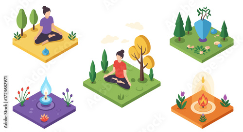 Serene isometric meditation scenes with nature elements