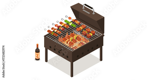 Isometric barbecue grill with skewered meats and vegetables beside a sauce bottle