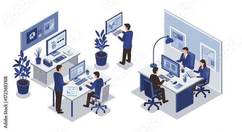 Modern office workspace with business professionals in isometric design
