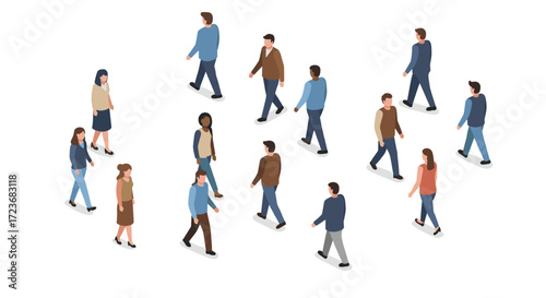 Isometric diverse group of people walking on white background