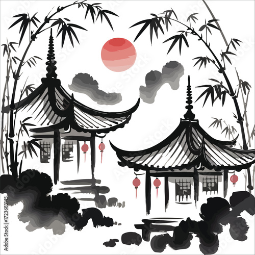 Tranquil Pagodas at Sunset Serene Bamboo Courtyard at Sunset