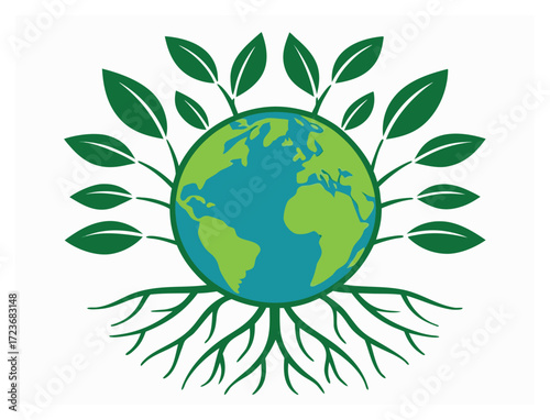 Earth globe with leaves and roots representing environmental protection and growth