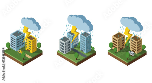 Isometric urban storm: lightning strikes diverse city buildings in rainy weather