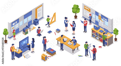 Isometric office scene with people interacting in a modern workspace