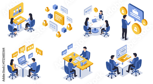 Isometric office meetings and collaborations in modern workspaces