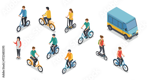 Urban commuters on bicycles and scooters in isometric style