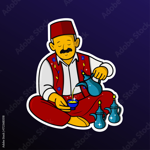 A turkish man is brewing tea into a cup