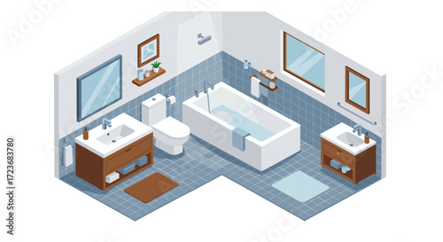 Modern isometric bathroom design with tub, sink, and mirror
