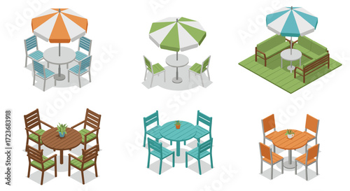 Isometric outdoor patio sets with umbrellas and chairs in various colors