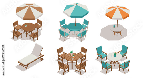 Isometric outdoor furniture set with chairs, tables, and umbrellas