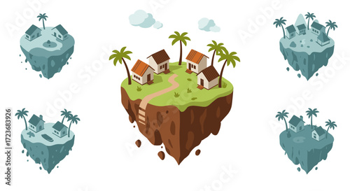 Floating island village with palm trees and cloudy sky variations