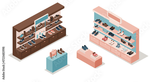 Modern shoe store interior with isometric sneaker displays and trendy footwear arrangements