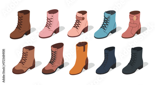 Isometric colorful collection of casual ankle boots