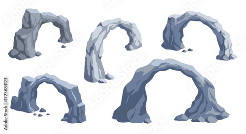 Set of stylized rocky arches isolated on white background