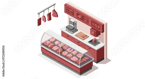 Isometric butcher shop interior with meat display and equipment