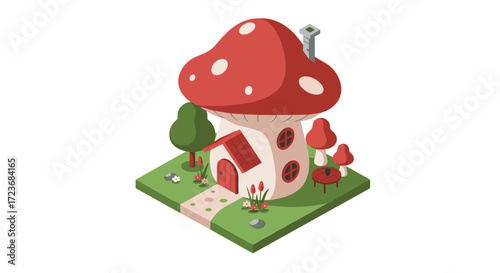 Whimsical fairy tale mushroom house with red roof in isometric style