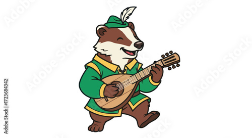 Cartoon Badger Playing Mandolin Wearing Green Medieval Outfit.