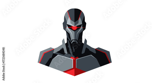 Futuristic Robot Head in Dark Gray Armor with Red Accents.