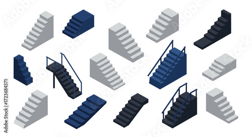 Isometric staircase collection in monochrome and blue variations