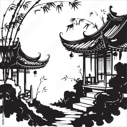 Tranquil Pagodas at Sunset Serene Bamboo Courtyard at Sunset