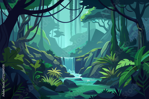 Escape into the lush rainforest with a stunning waterfall cascading into a serene pool, perfect for nature lovers and adding tranquility to any project