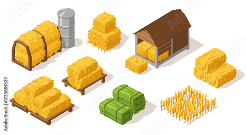 Isometric hay bale set with agriculture elements on white background