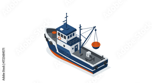 Isometric fishing vessel with crane and navigation equipment