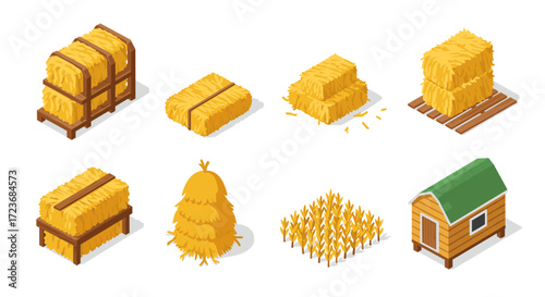 Isometric hay bales and farm elements collection for agricultural design