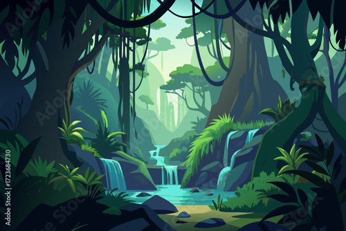 Lush jungle landscape with cascading waterfalls and vibrant greenery, perfect for adventure travel promotions or serene nature-themed backgrounds
