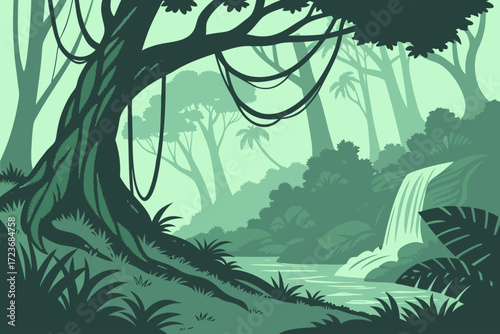 Enchanting jungle scene with lush greenery and a serene waterfall, perfect for nature lovers and peaceful backgrounds, originally a scalable vector graphic