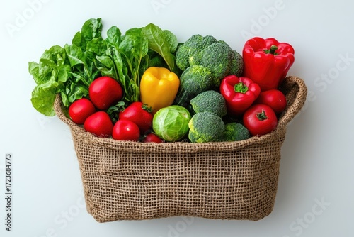 Fresh vegetables in burlap bag: broccoli, spinach, peppers, tomatoes. Use it to promote healthy eating or organic food markets online.