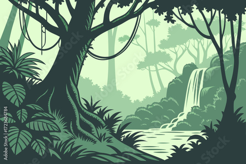 Tranquil jungle scene with cascading waterfall and lush foliage, perfect for adventure travel, nature documentaries, and eco-tourism promotions with a serene feel