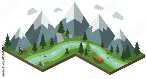 Scenic isometric landscape with cyclist in mountainous terrain