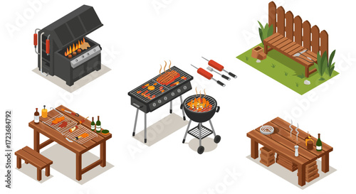 Isometric backyard barbecue setup with grills, tools, and seating