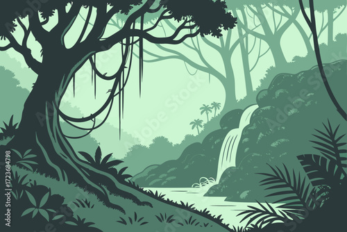 Lush jungle landscape with cascading waterfall and tropical trees, perfect for nature lovers and adventure seekers, a serene escape into the wild