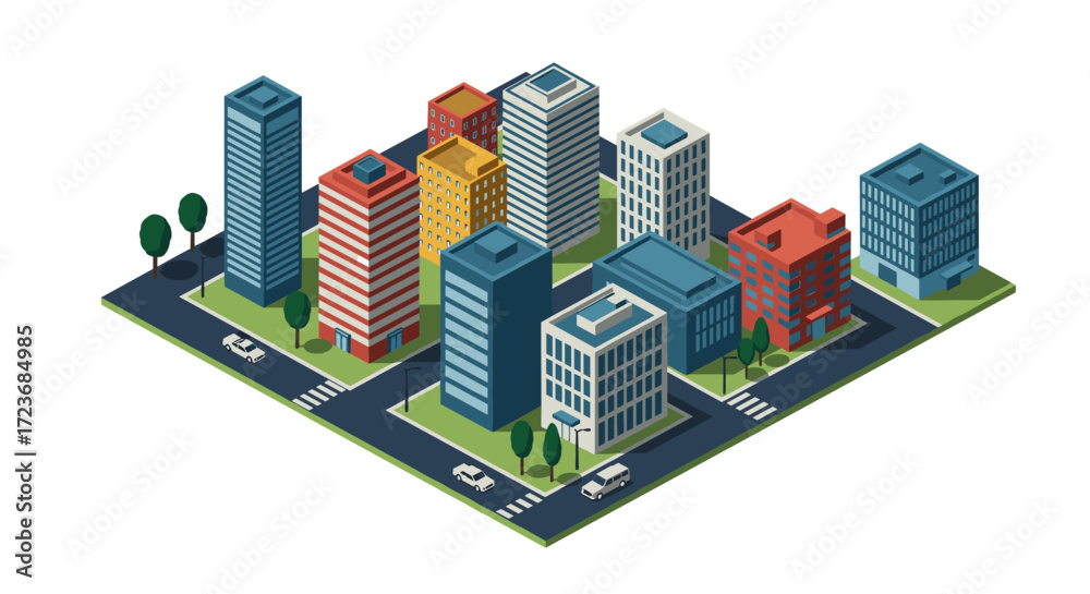 Obraz premium Isometric cityscape with modern buildings and streets