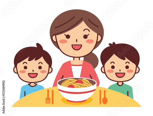 Happy Family Sharing Noodles Together at Dining Table Mealtime Concept