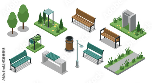 Modern isometric park elements with benches, trees, and lighting for urban design