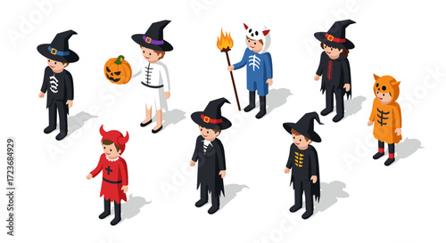 Diverse cartoon characters in halloween costumes with isometric style